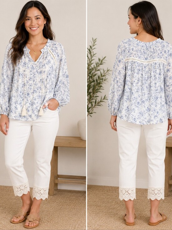 Hem & Thread Tops - Hem & Thread Blue Floral Boho Peasant Blouse Lace Tassel NWT L A-245